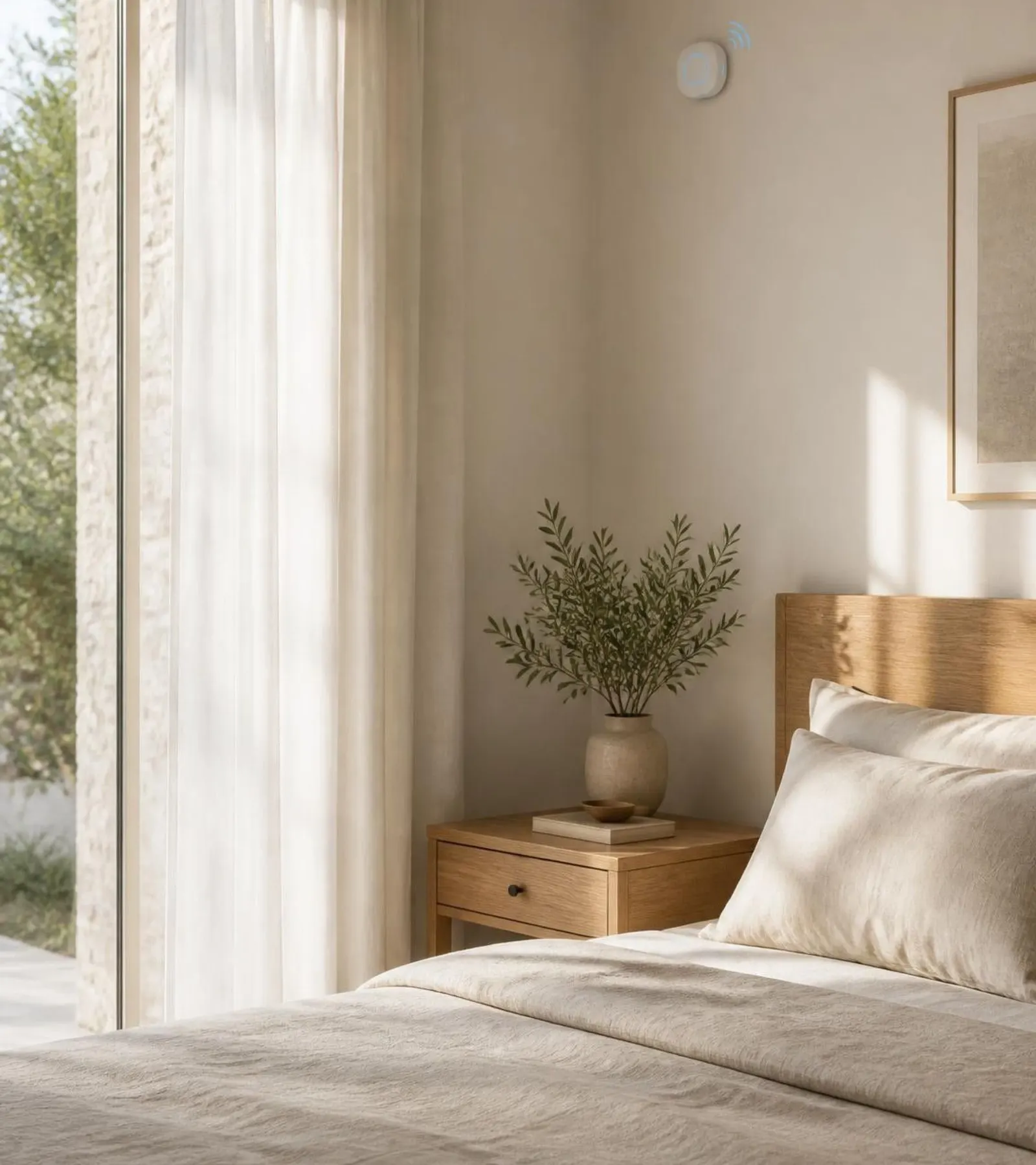 A calm bedroom with a small Aangan sensor on the wall