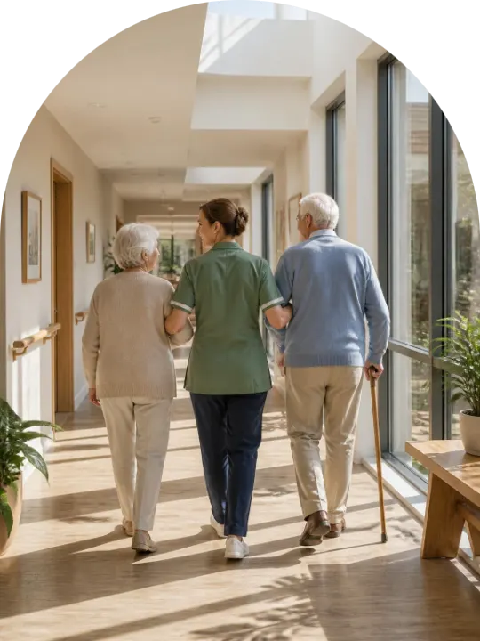 A caregiver walking two residents down a sunlit corridor
