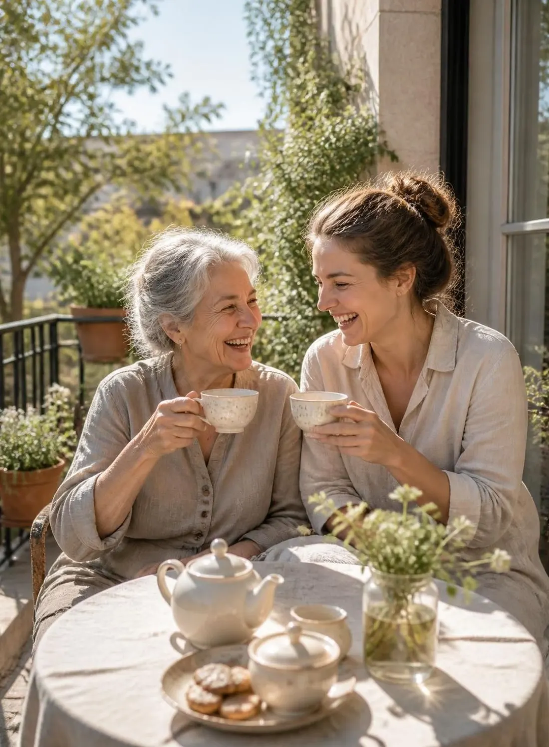 An older woman and her daughter sharing tea on a sunny balcony