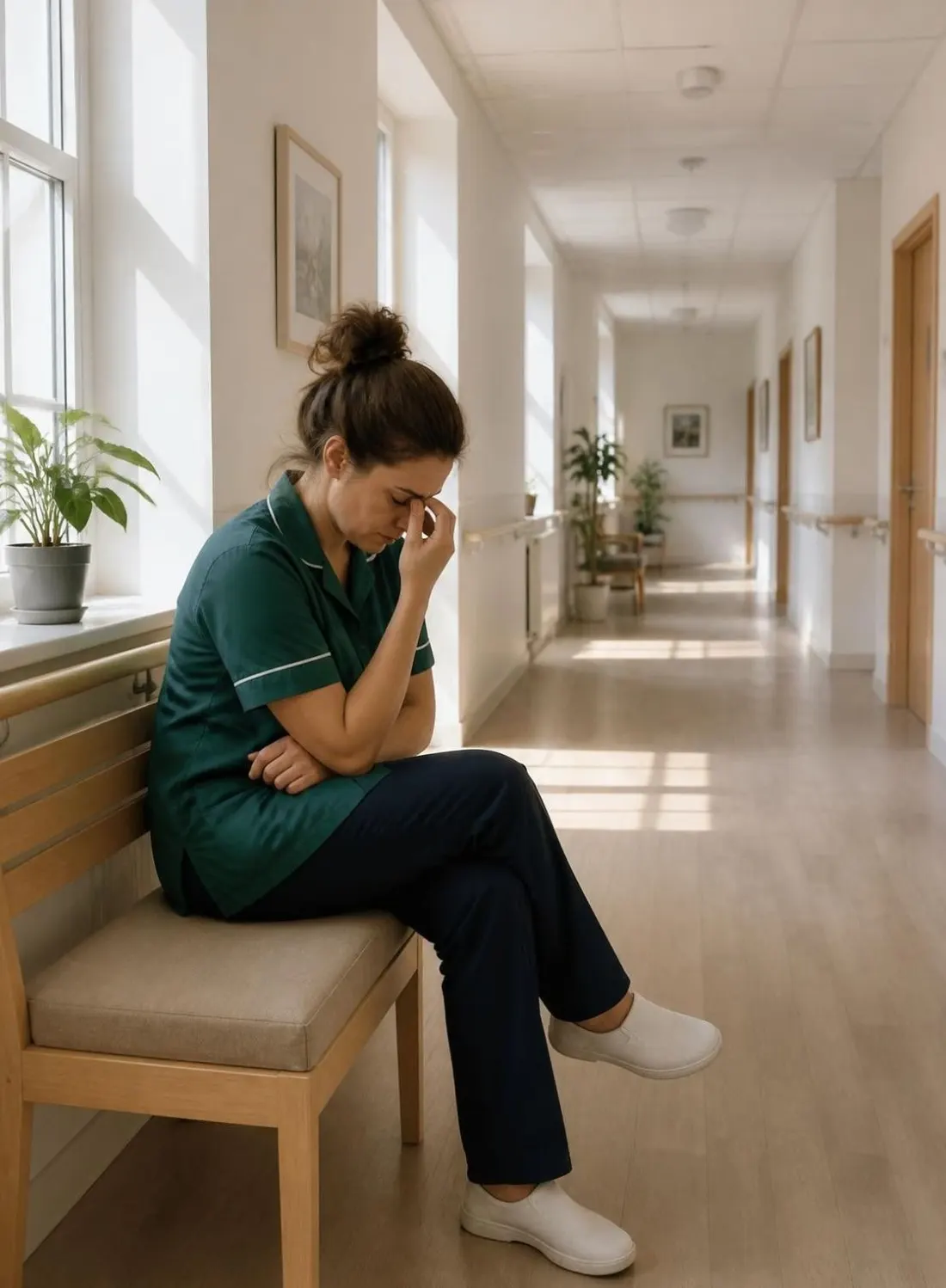 A caregiver sitting in a corridor, head in her hand