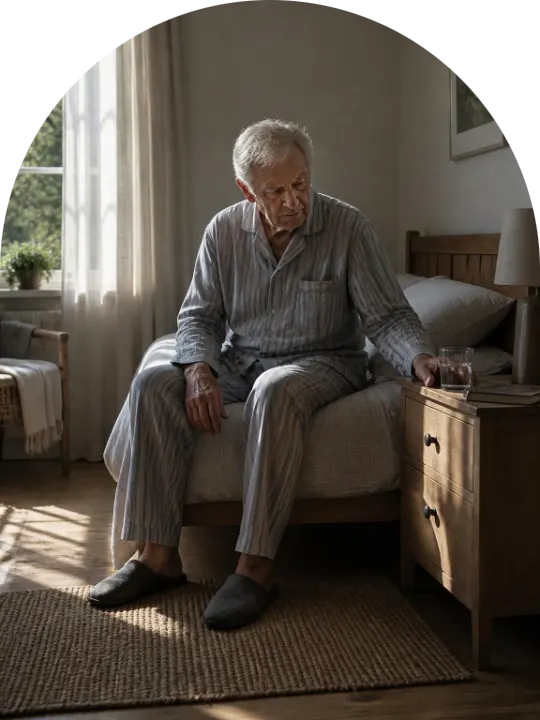 An older man sitting alone on the edge of his bed